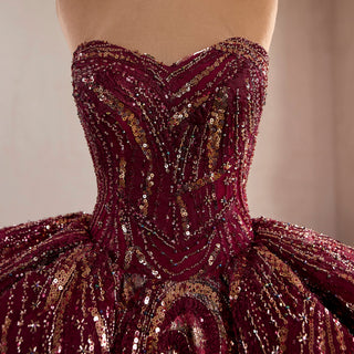 Burgundy Sequin Quinceañera Dress with 3D Bow Peplum & Tiered Ruffle Tulle Train