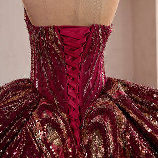 Burgundy Sequin Quinceañera Dress with 3D Bow Peplum & Tiered Ruffle Tulle Train
