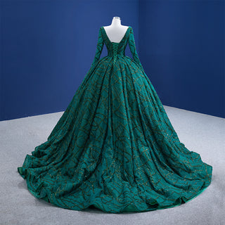 Fashion Long Sleeves Ball Gown Green Deep V Neck Prom Dress