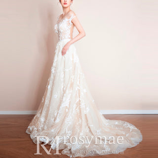 Cap Sleeve Long A-Line Wedding Dress Applique Elegant Tulle Bridal Gown