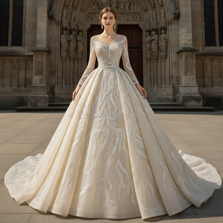 Long Sleeve Champagne Puffy Wedding Dress with Long Sleeve