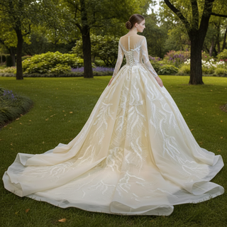 Long Sleeve Champagne Puffy Wedding Dress with Long Sleeve