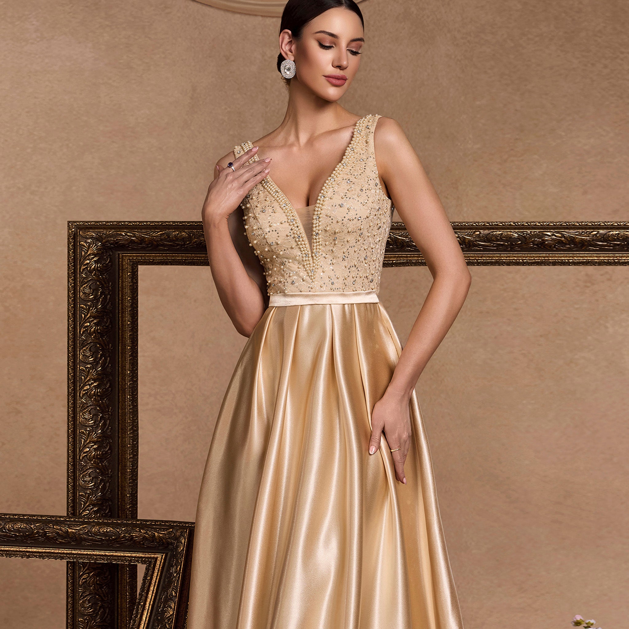 Metallic Champagne Long Gold Sequin Bridesmaid Dresses Champagne Satin And Lace Long V-Neckline Long Prom Metallic Champagne Long Gold Sequin Bridesmaid Dresses Champagne Satin And Lace Long V-Neckline Long Prom