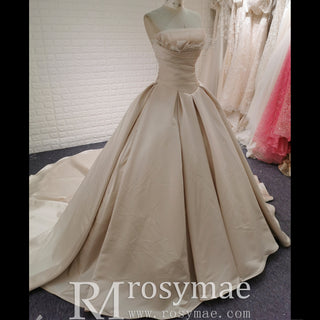 Champagne Satin Ball Gown Wedding Dress with Ruffle and Feather Neck