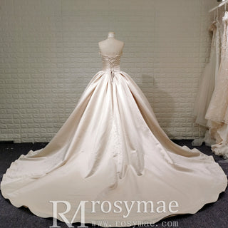 Champagne Satin Ball Gown Wedding Dress with Ruffle and Feather Neck