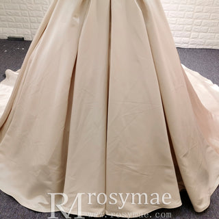 Champagne Satin Ball Gown Wedding Dress with Ruffle and Feather Neck