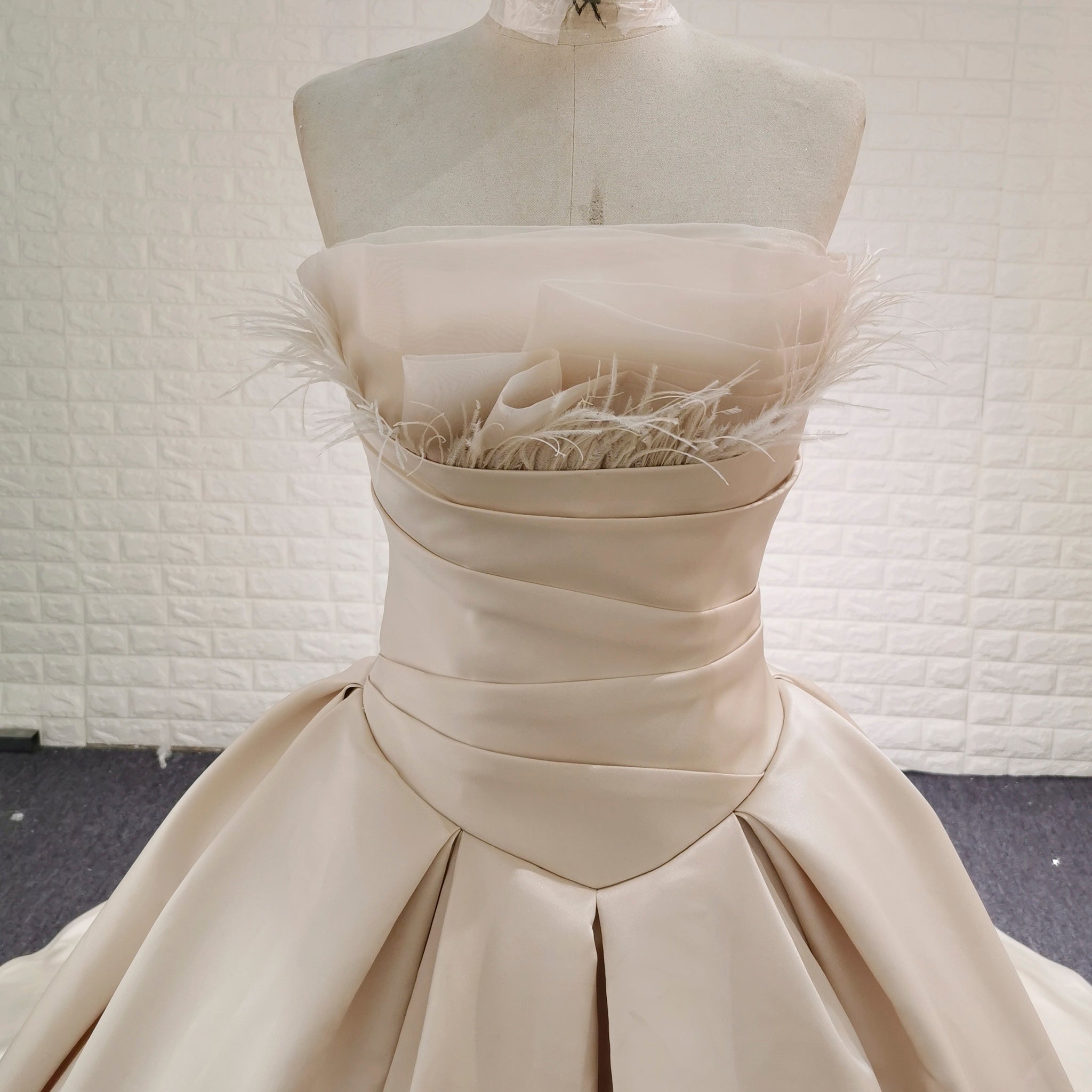 Champagne Satin Ball Gown Wedding Dress with Ruffle and Feather Neck Rosymae Champagne Satin Ball Gown Wedding Dress with Ruffle and Feather Neck Rosymae