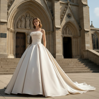Champagne Satin Ball Gown Wedding Dress with Ruffle and Feather Neck