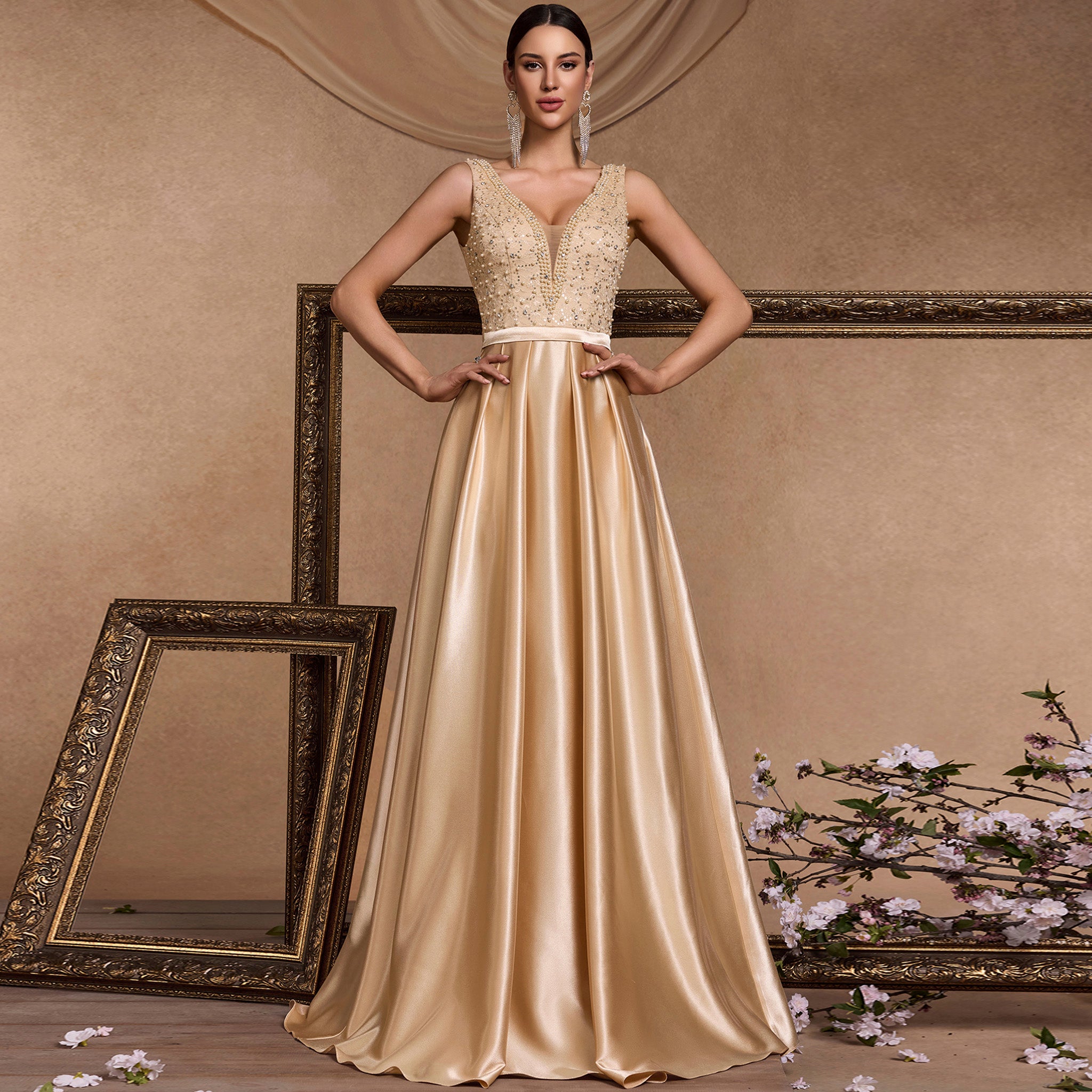 Vneck Midi Champagne Formal Dress for Wedding Guest Champagne / L Vneck Midi Champagne Formal Dress for Wedding Guest Champagne / L