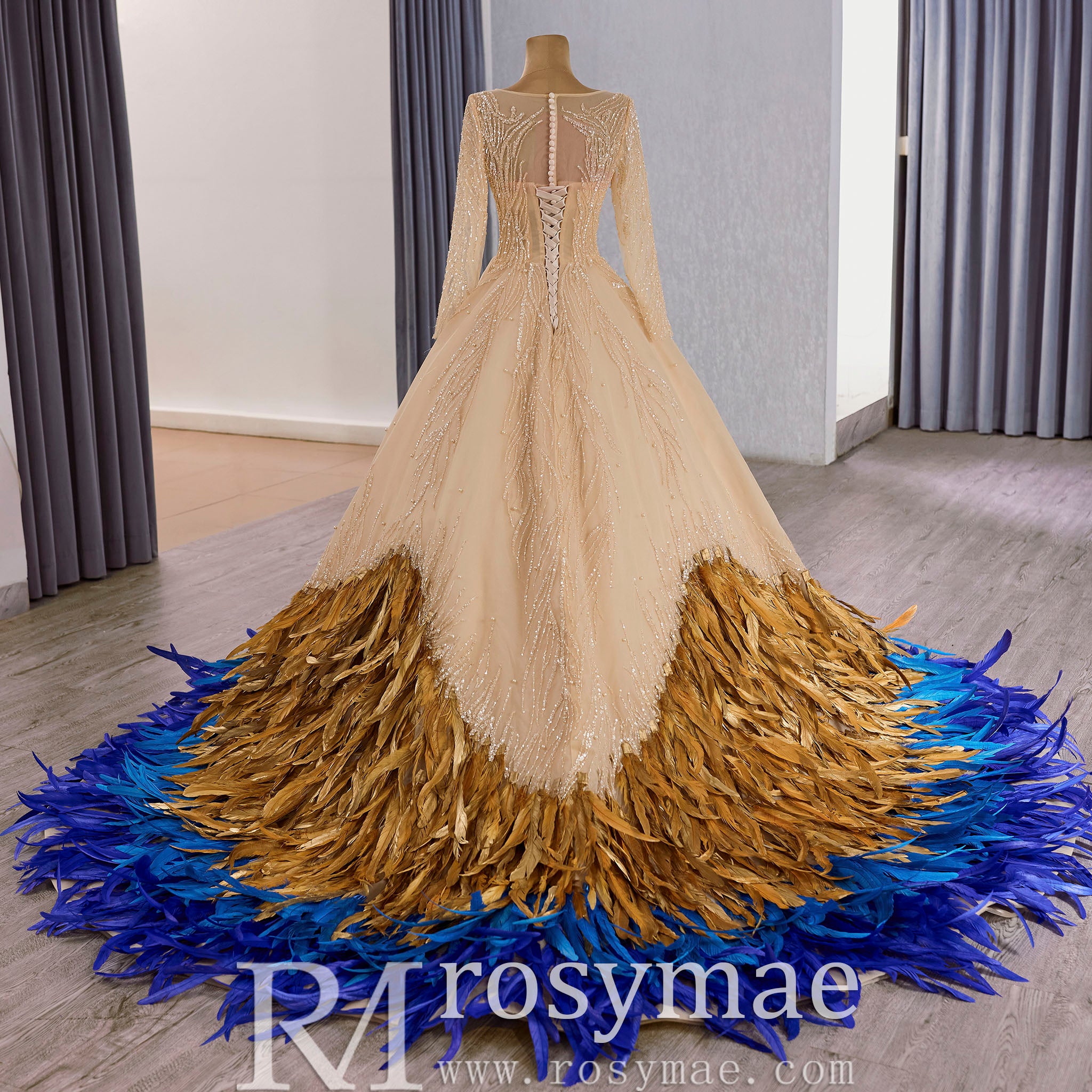 Women's Long Sleeve Dresses & Formal Gowns with Feathers Champagne Gold / 4 Women's Long Sleeve Dresses & Formal Gowns with Feathers Champagne Gold / 4