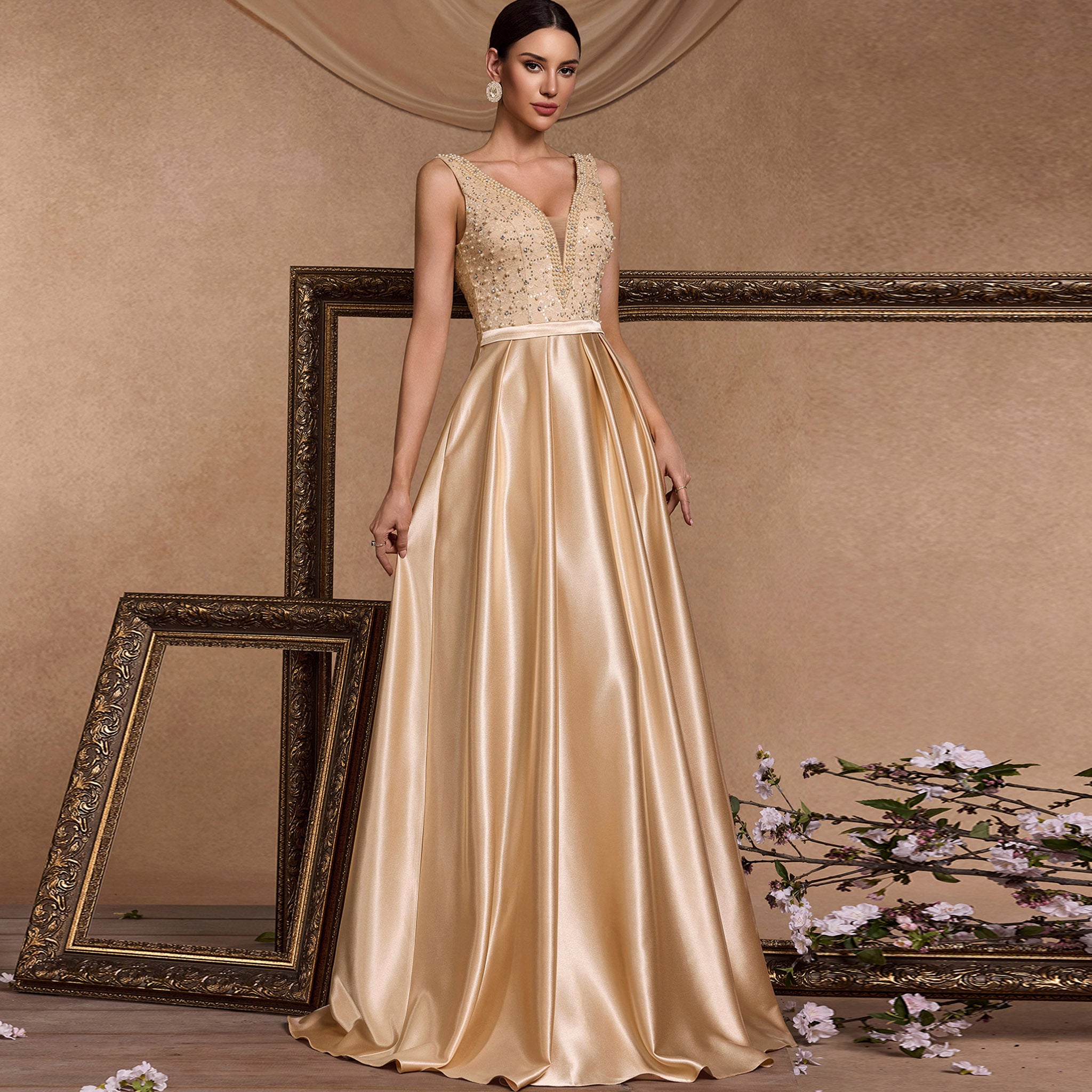 Vneck Midi Champagne Formal Dress for Wedding Guest