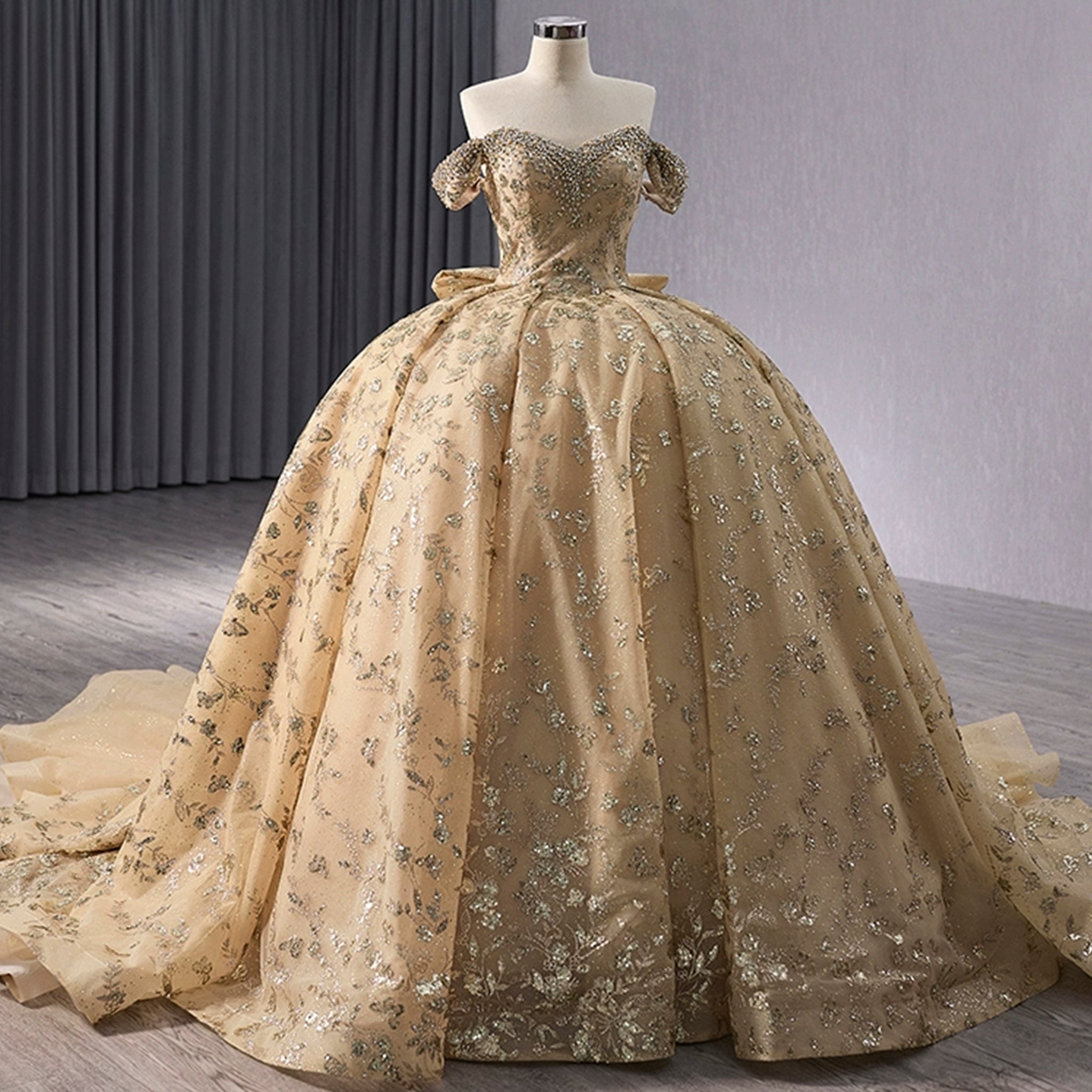 Gorgeous Sequin Basque Waist Wedding Gown Off Shoulder Quinceanera Dress Gold / 28W Gorgeous Sequin Basque Waist Wedding Gown Off Shoulder Quinceanera Dress Gold / 28W