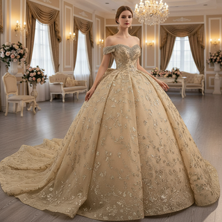 Gorgeous Sequin Basque Waist Wedding Gown Off Shoulder Quinceanera Dress