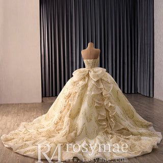 Champagne Quinceañera Ball Gown with Gold Detailing and Detachable Puff Sleeves