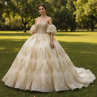 Champagne Quinceaera Ball Gown with Gold Detailing and Detachable Puf Rosymae Champagne Quinceaera Ball Gown with Gold Detailing and Detachable Puf Rosymae