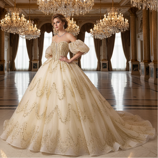 Champagne Quinceañera Ball Gown with Gold Detailing and Detachable Puff Sleeves