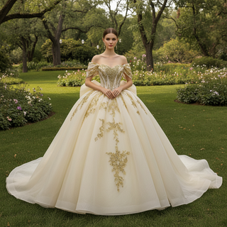 Champagne with Gold Lace Appliques Sweetheart Off-Shoulder Quinceañera Dress