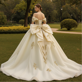 Champagne with Gold Lace Appliques Sweetheart Off-Shoulder Quinceañera Dress