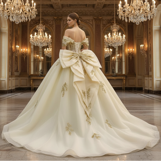 Champagne with Gold Lace Appliques Sweetheart Off-Shoulder Quinceañera Dress