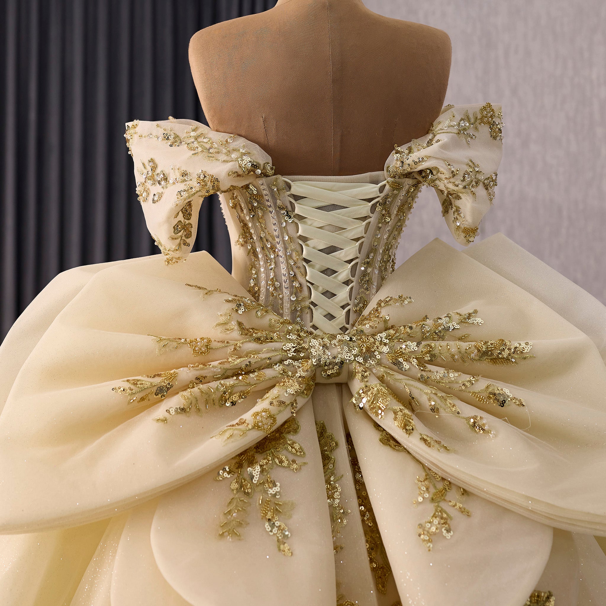Champagne with Gold Lace Appliques Sweetheart Off-Shoulder Quinceaera Rosymae Champagne with Gold Lace Appliques Sweetheart Off-Shoulder Quinceaera Rosymae