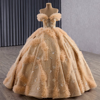 Luxurious Champagne-Gold Wedding Dress with Off-the-Shoulder & Shimmering Embroidery
