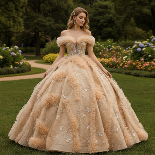 Luxurious Champagne-Gold Wedding Dress with Off-the-Shoulder & Shimmering Embroidery