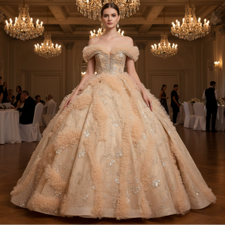 Luxurious Champagne-Gold Wedding Dress with Off-the-Shoulder & Shimmering Embroidery
