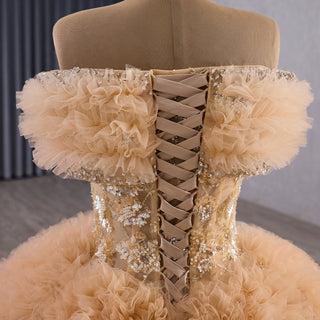 Luxurious Champagne-Gold Wedding Dress with Off-the-Shoulder & Shimmering Embroidery
