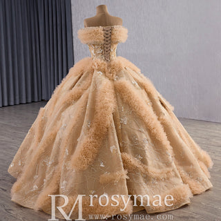 Luxurious Champagne-Gold Wedding Dress with Off-the-Shoulder & Shimmering Embroidery