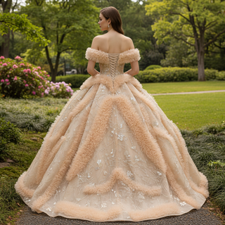Luxurious Champagne-Gold Wedding Dress with Off-the-Shoulder & Shimmering Embroidery
