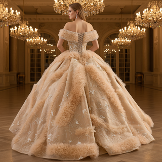 Luxurious Champagne-Gold Wedding Dress with Off-the-Shoulder & Shimmering Embroidery