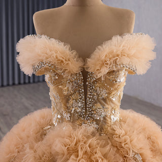 Luxurious Champagne-Gold Wedding Dress with Off-the-Shoulder & Shimmering Embroidery