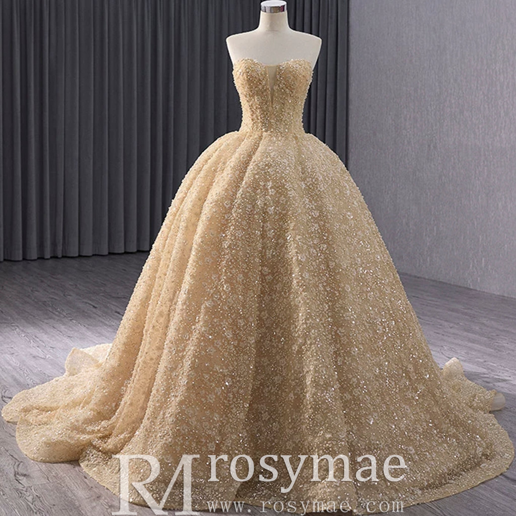 Champagne Gold Beaded Floral Lace Wedding Gown Quinceanera Dress Champagne Gold / 12 Champagne Gold Beaded Floral Lace Wedding Gown Quinceanera Dress Champagne Gold / 12