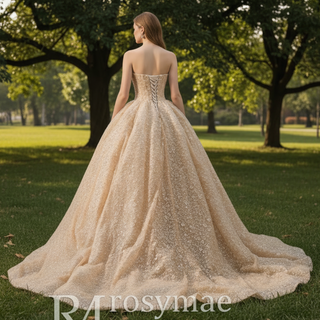 Champagne Gold Beaded Floral Lace Wedding Gown Quinceanera Dress