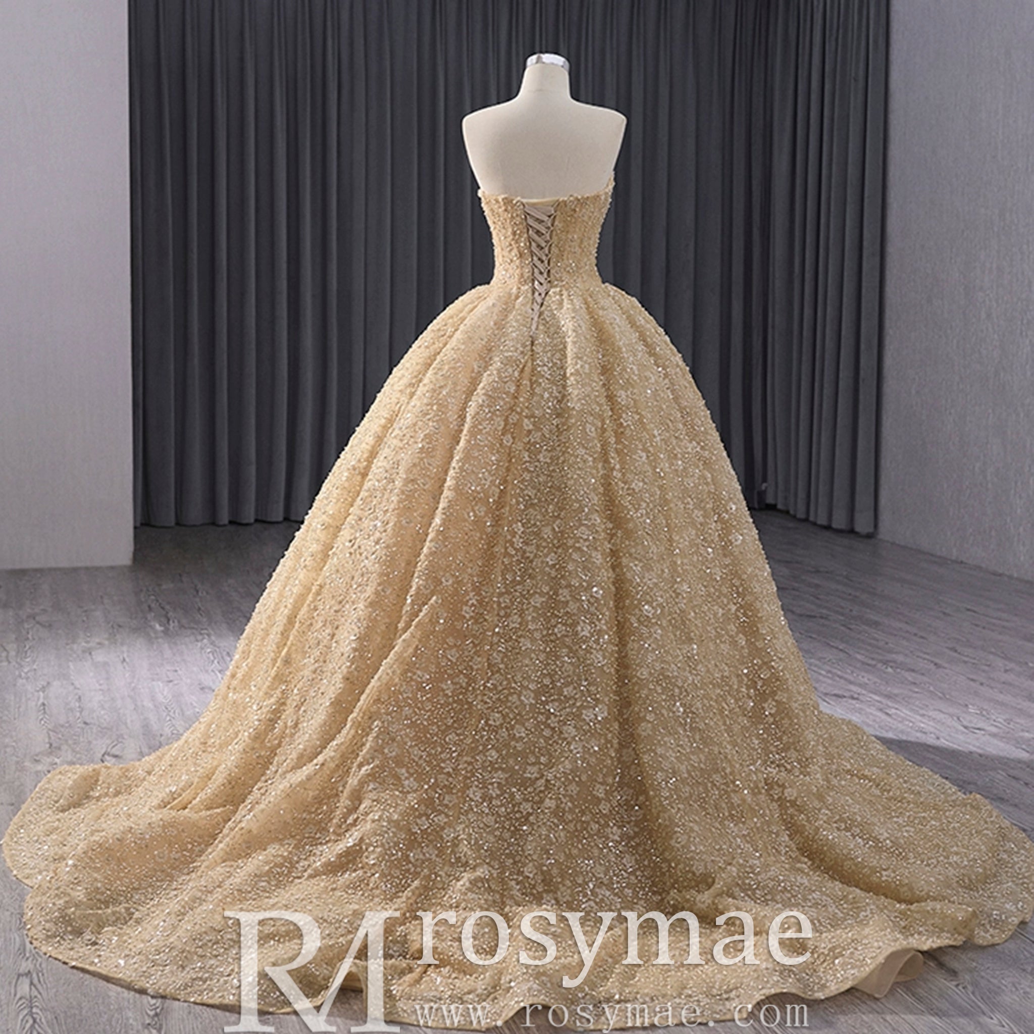 Champagne Gold Beaded Floral Lace Wedding Gown Quinceanera Dress Champagne Gold / 12 Champagne Gold Beaded Floral Lace Wedding Gown Quinceanera Dress Champagne Gold / 12
