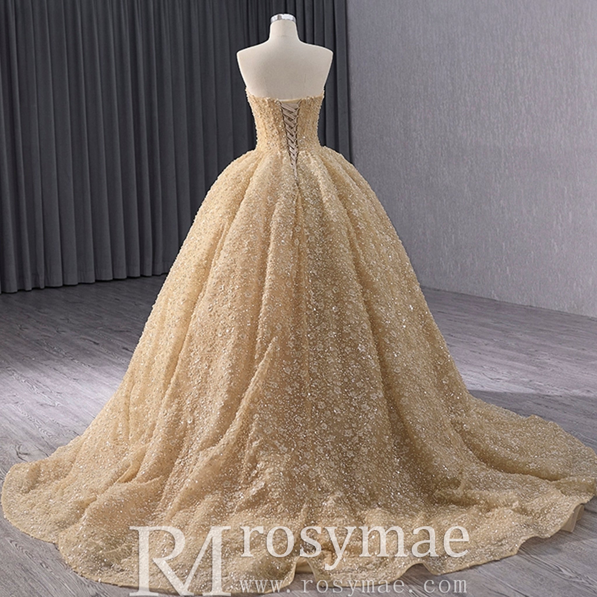 Champagne Gold Beaded Floral Lace Wedding Gown Quinceanera Dress Champagne Gold / 12 Champagne Gold Beaded Floral Lace Wedding Gown Quinceanera Dress Champagne Gold / 12