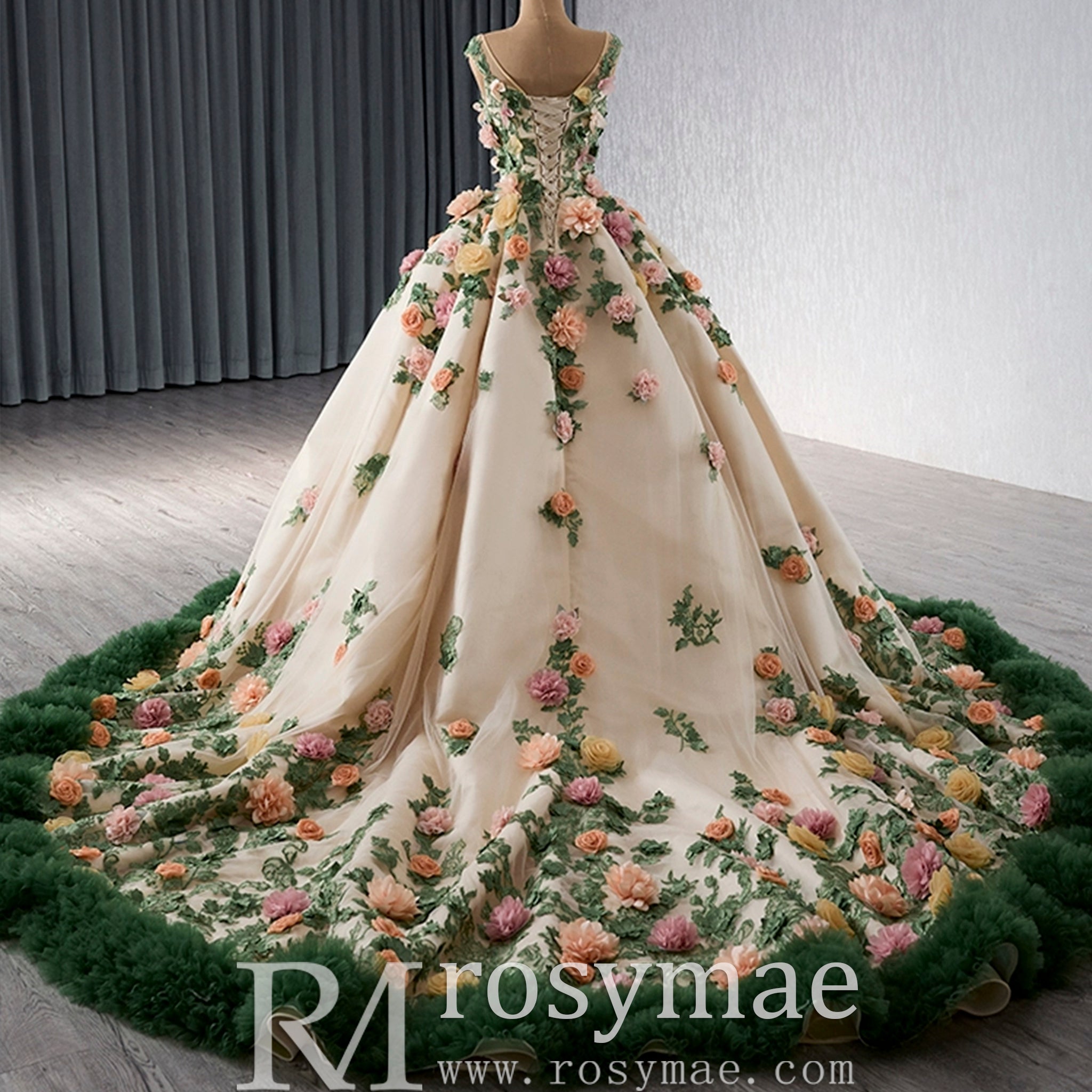 Champagne Gold Beaded Floral Lace Wedding Gown Quinceanera Dress Custom Colors / 18W Champagne Gold Beaded Floral Lace Wedding Gown Quinceanera Dress Custom Colors / 18W