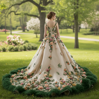 Champagne 3D Flower Colored Wedding Gown Ruffled Quinceanera Dress