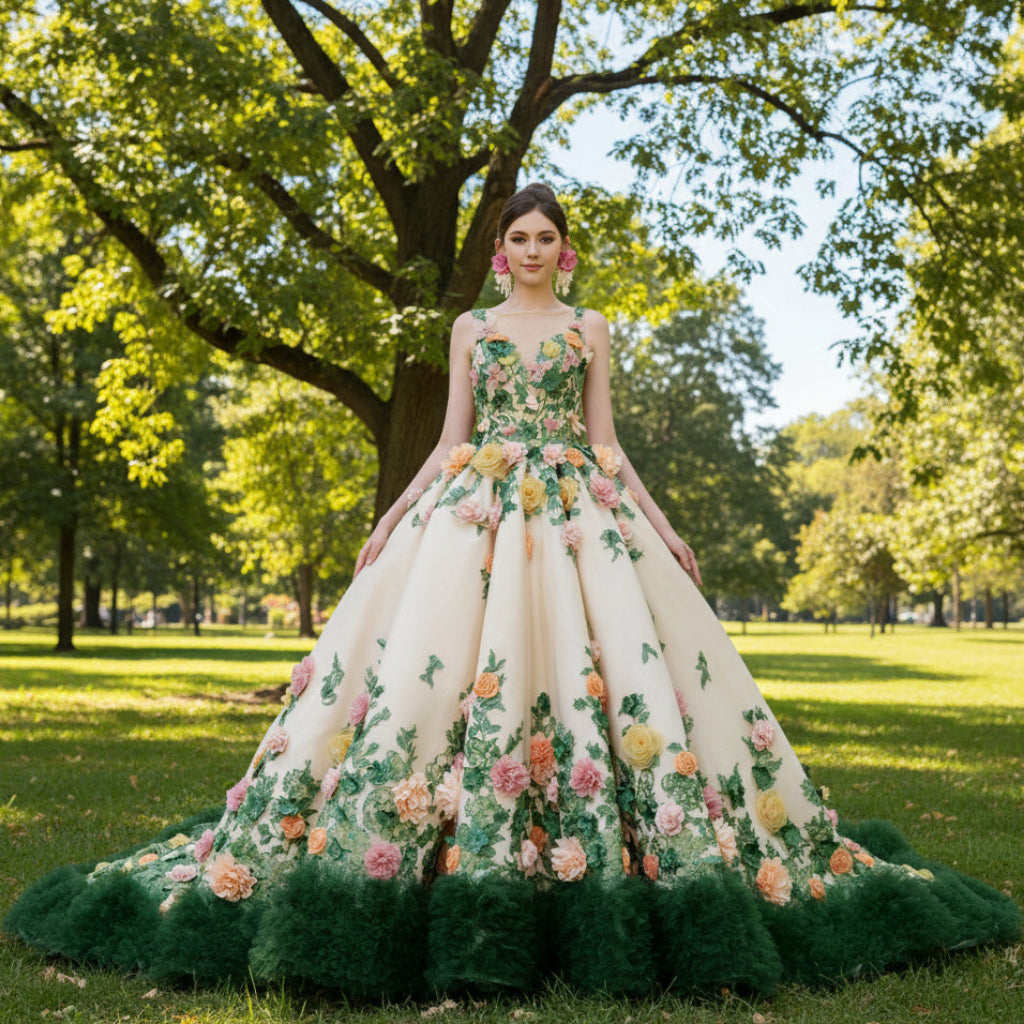 Champagne 3D Flower Colored Wedding Gown Ruffled Quinceanera Dress Champagne / 16W Champagne 3D Flower Colored Wedding Gown Ruffled Quinceanera Dress Champagne / 16W