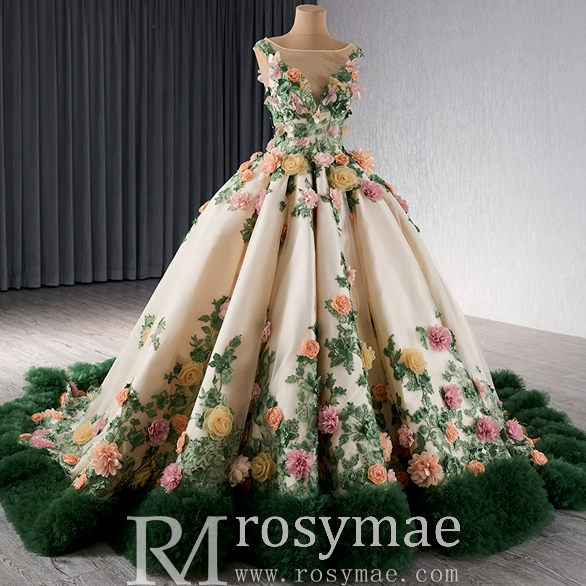 Champagne Gold Beaded Floral Lace Wedding Gown Quinceanera Dress Custom Colors / 18W Champagne Gold Beaded Floral Lace Wedding Gown Quinceanera Dress Custom Colors / 18W
