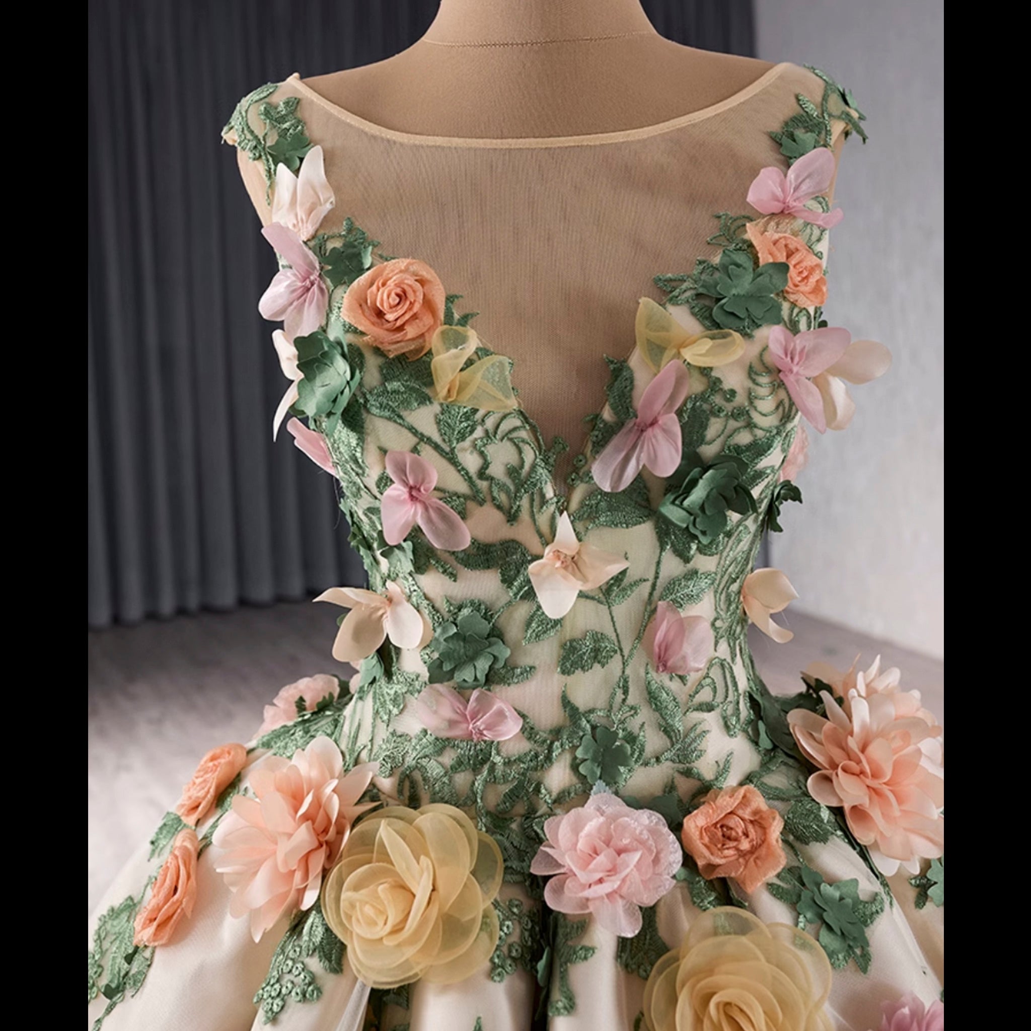 Champagne Gold Beaded Floral Lace Wedding Gown Quinceanera Dress Custom Colors / 18w Champagne Gold Beaded Floral Lace Wedding Gown Quinceanera Dress Custom Colors / 18w