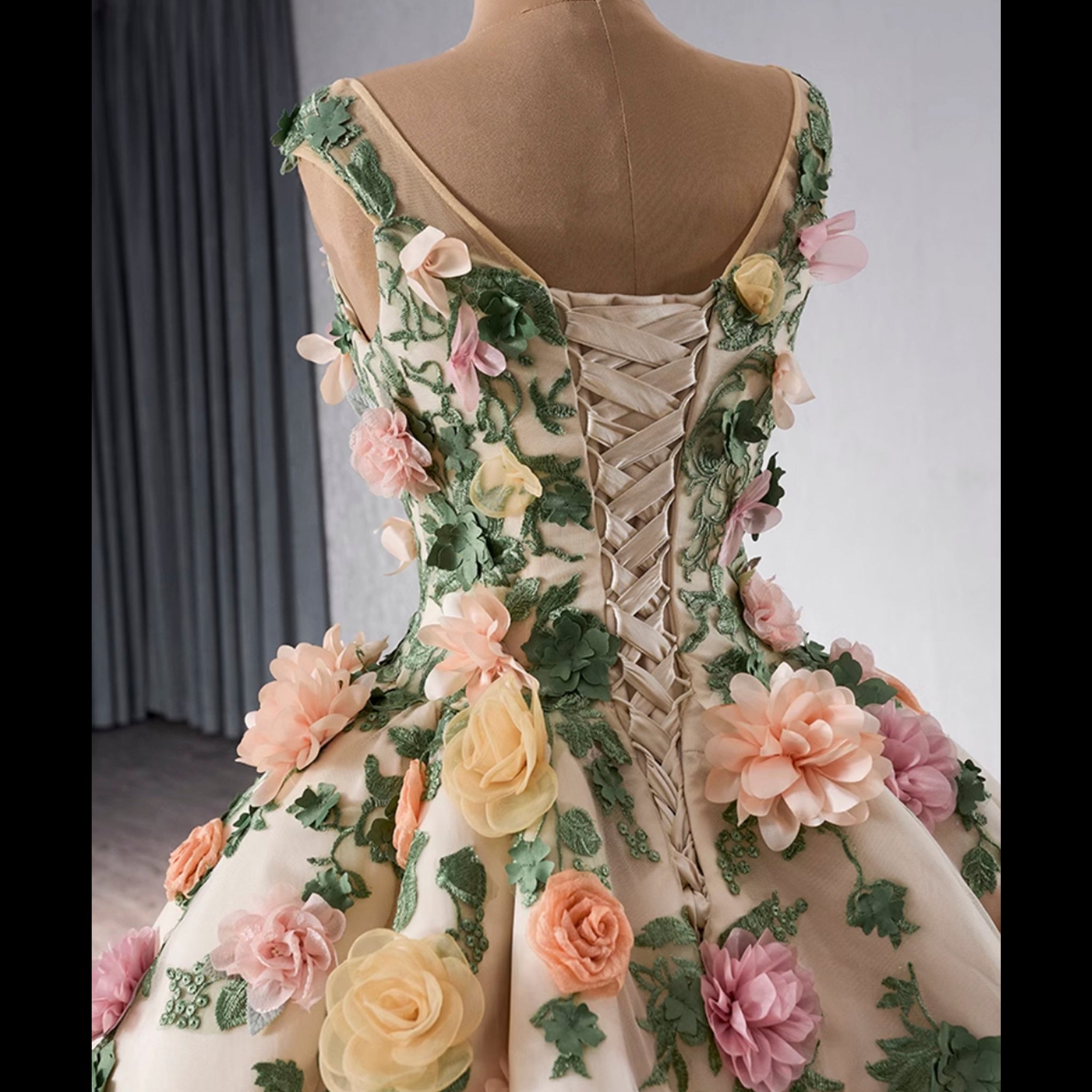 Champagne Gold Beaded Floral Lace Wedding Gown Quinceanera Dress Custom Colors / 18W Champagne Gold Beaded Floral Lace Wedding Gown Quinceanera Dress Custom Colors / 18W
