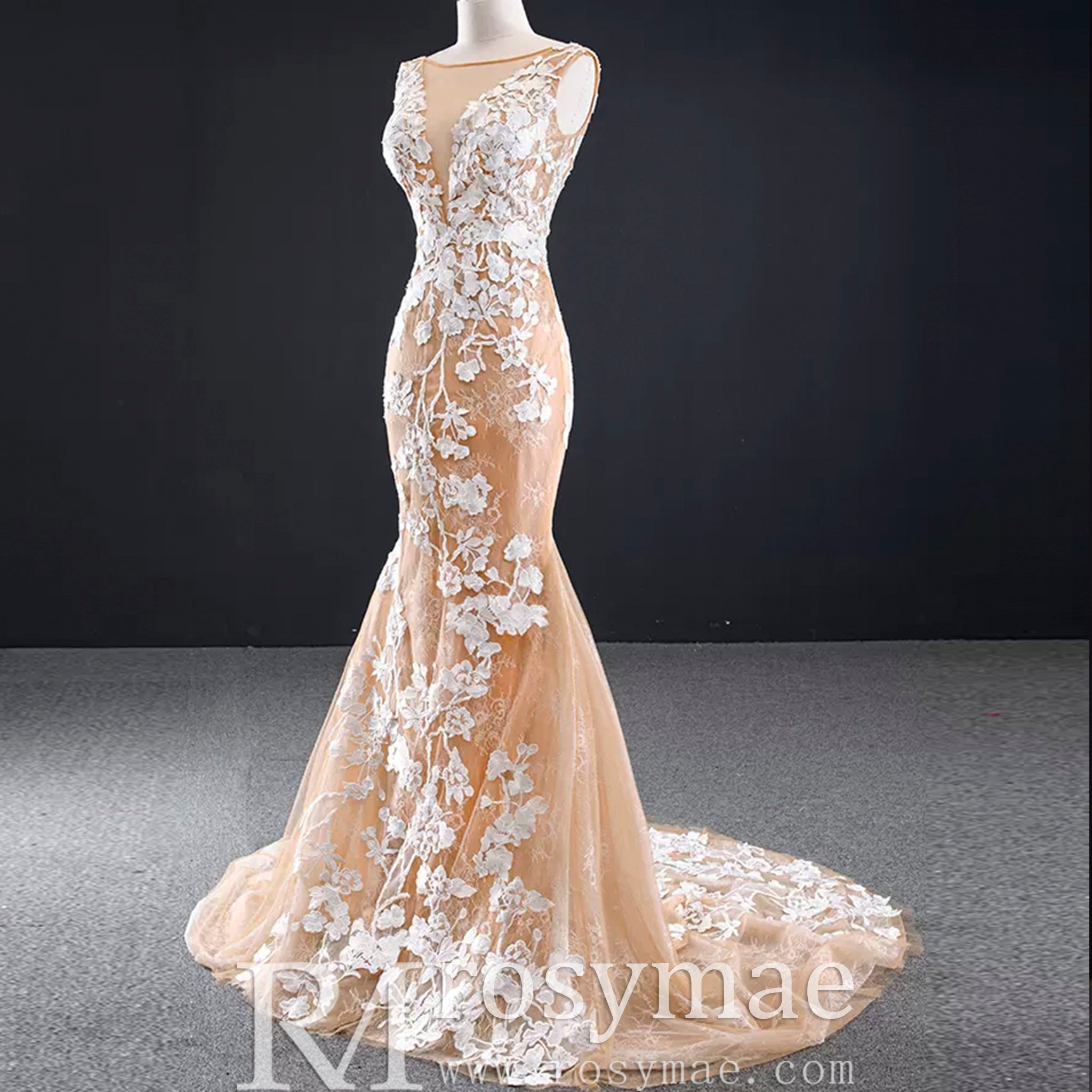 High-End Champagne Gold Mermaid Wedding Dress with Floral Lace Champagne Gold / 0 High-End Champagne Gold Mermaid Wedding Dress with Floral Lace Champagne Gold / 0