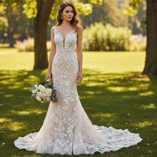 High-end Champagne Gold Mermaid Wedding Dress with Floral Lace