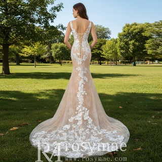 High-end Champagne Gold Mermaid Wedding Dress with Floral Lace