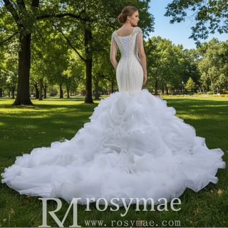 Tassel Sequins Beaded Trumpet Wedding Dress with Detachable Train