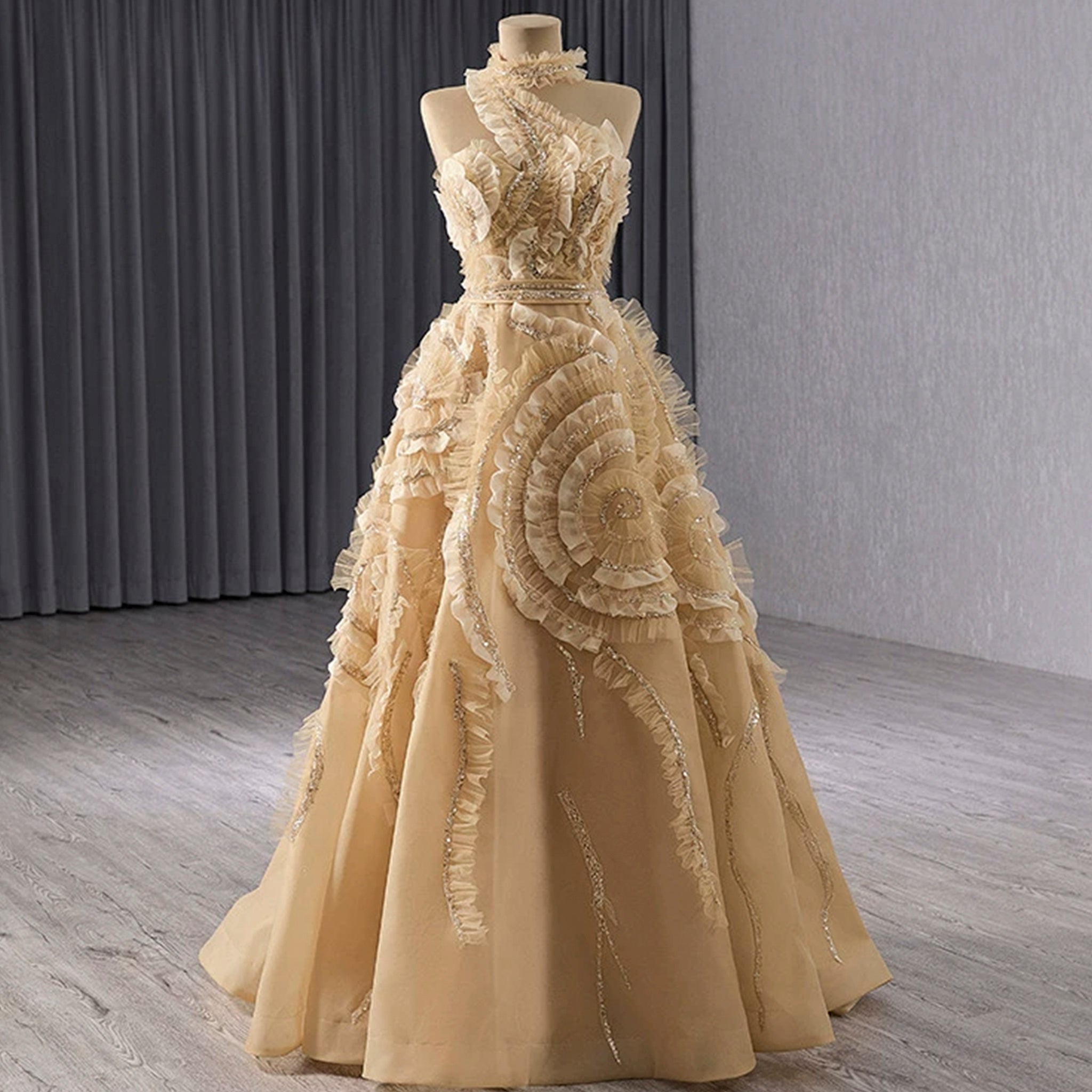 High-end Champagne Sequins Ruffle Formal Gown Prom Dress Rosymae High-end Champagne Sequins Ruffle Formal Gown Prom Dress Rosymae