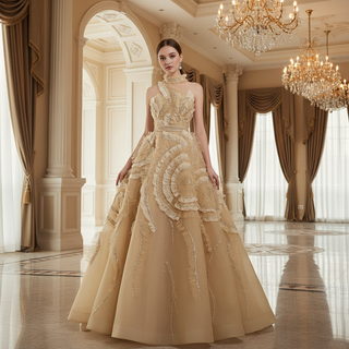 High-end Champagne Sequins Ruffle Formal Gown Prom Dress