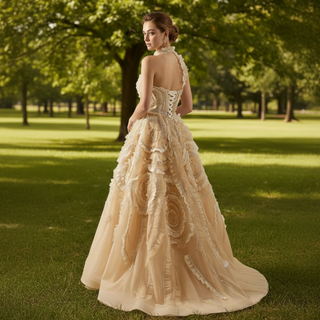 High-end Champagne Sequins Ruffle Formal Gown Prom Dress