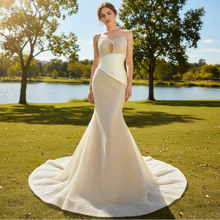 Gorgeous Champagne Pearl Lace Rhinestone Wedding Dress